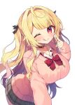  1girl :q ahoge blonde_hair blush bow bowtie breasts brown_choker cardigan choker closed_mouth dot_nose finger_to_face fingernails hair_intakes hair_ribbon highres hoshikawa_sara hoshikawa_sara_(4th_costume) large_breasts long_hair long_sleeves looking_at_viewer loose_bowtie nijisanji official_alternate_costume official_alternate_hairstyle one_eye_closed pink_cardigan plaid plaid_skirt pleated_skirt red_eyes ribbon school_uniform shirt simple_background skirt smile solo tongue tongue_out two_side_up ujiie very_long_hair virtual_youtuber white_background white_shirt 
