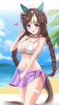  1girl absurdres animal_ears artist_name beach beret bikini black_hair blurry blurry_background blush braid breasts cleavage collarbone commentary_request hair_ornament hat heart highres hokko_tarumae_(umamusume) horse_ears horse_girl horse_tail long_braid looking_at_viewer navel ocean ribbon sky solo swimsuit tail twin_braids umamusume unicorndd123 