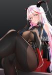  1girl absurdly_long_hair aegir_(azur_lane) azur_lane bare_shoulders black_background black_cape black_gloves black_legwear bodystocking breast_curtains cape cross cross-laced_clothes cross_earrings crossed_legs demon_horns earrings from_below gloves hair_on_horn hand_on_own_chest highres horns impossible_clothes iron_cross jewelry long_hair looking_at_viewer medal multicolored_hair red_hair skin_tight smile solo streaked_hair two-tone_hair underbust very_long_hair white_hair xiaoxiao_de_kuangsan yellow_eyes 