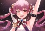  1girl armpits blush hair_ornament hair_ribbon haru_yu heterochromia highres hololive hololive_idol_uniform houshou_marine idol long_hair looking_at_viewer official_alternate_costume open_mouth red_eyes red_hair red_ribbon ribbon smile solo teeth twintails upper_teeth_only virtual_youtuber yellow_eyes 