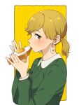  1girl biting blonde_hair blush bread bread_slice earrings eating edomon-do food food-themed_earrings fried_egg from_side green_shirt highres jewelry long_sleeves looking_at_viewer original shirt side_ponytail sideways_glance solo toast upper_body white_background yellow_background yellow_eyes 