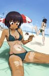  3girls ? absurdres arm_support azumanga_daioh beach beach_towel beach_umbrella bikini black_hair breasts brown_hair character_request cleavage collarbone dark-skinned_female dark_skin english_commentary green_bikini groin groin_tendon handprint highres kagura_(azumanga_daioh) kasuga_ayumu liamickpie medium_breasts multiple_girls multiple_others navel ocean partially_buried revealing_tanlines running short_hair sketch spread_legs swimsuit tan tanlines towel umbrella 