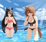  2girls absurdres agnes_tachyon_(umamusume) ahoge alternate_costume animal_ears bikini blue_sky blush breasts brown_hair cleavage closed_mouth cloud cloudy_sky commentary_request cowboy_shot frilled_bikini frills front-tie_bikini_top front-tie_top hair_between_eyes hand_on_own_chest highres horse_ears horse_girl horse_tail kudo_(user_dzch8572) lens_flare long_hair manhattan_cafe_(umamusume) medium_breasts multicolored_hair multiple_girls navel ocean open_mouth red_eyes short_hair side-tie_bikini_bottom sky small_breasts smile streaked_hair swimsuit tail umamusume very_long_hair water wet yellow_eyes 