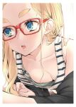  1girl bare_shoulders black_jacket blonde_hair blue_eyes blush breasts camisole cleavage close-up dekomegane glasses jacket long_hair looking_to_the_side off_shoulder open_mouth original red-framed_eyewear sasetsu small_breasts solo thick_eyebrows 