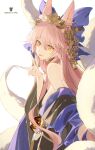  1girl absurdres animal_ear_fluff animal_ears bangs bare_shoulders bell blue_bow blue_kimono bow breasts bsq character_name cleavage fate/extra fate/grand_order fate_(series) fox_ears fox_girl fox_shadow_puppet fox_tail hair_between_eyes hair_bow hair_ornament hairpin highres japanese_clothes jewelry kimono large_breasts long_hair long_sleeves looking_at_viewer multiple_tails neck_ring obi off_shoulder pink_hair sash sidelocks smile solo tail tamamo_(fate) tamamo_no_mae_(fate) tongue tongue_out very_long_hair wide_sleeves yellow_eyes 