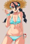  1girl ass_visible_through_thighs bikini black_hair blue_bikini blue_nails blush braid breasts brown_eyes candice_(pokemon) glasses grey_background hair_ornament hairclip hat holding holding_poke_ball kasugaichan large_breasts long_hair looking_at_viewer multi-tied_hair navel open_mouth poke_ball poke_ball_(basic) pokemon pokemon_dppt side-tie_bikini_bottom simple_background solo straw_hat striped striped_bikini swimsuit teeth twin_braids twintails two-tone_bikini upper_teeth_only v white_bikini 