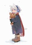  1boy aged_down animal_ears bishounen blue_eyes bread devil_may_cry_(series) dog_boy dog_ears dog_tail food highres hood jacket long_hair lunaticanis male_focus nero_(devil_may_cry) open_mouth simple_background tail white_background white_hair winter winter_clothes 