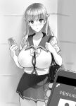  1girl absurdres bag blush bow bowtie breasts bursting_breasts cellphone cleavage covered_nipples cowboy_shot greyscale hair_bow hand_up highres holding holding_phone huge_breasts long_hair looking_at_viewer mariana_princilla miniskirt monochrome navel parted_lips phone pleated_skirt pov pov_hands reco_love reco_love_gold_beach school_bag school_uniform serafuku shirt short_sleeves shoulder_bag skirt smartphone takeda_hiromitsu trembling 