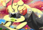  absurdres blue_background candy dotaku_(wran8845) durant eating food gen_5_pokemon glint highres no_humans pink_background pokemon pokemon_(creature) red_eyes shadow two-tone_background 
