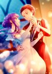  1boy 1girl ballroom closed_mouth dancing dress elbow_gloves fern_(sousou_no_frieren) forehead gloves hair_bun hair_pulled_back highres indoors long_hair long_sleeves looking_at_another night open_mouth pants purple_eyes purple_hair red_hair scar scar_on_face scar_on_forehead short_hair short_sleeves sidelocks smile sousou_no_frieren stark_(sousou_no_frieren) suit teeth upper_teeth_only white_dress white_gloves yuyu_(yuyudesu0806) 