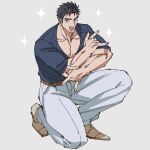  1boy :d \n/ bara belt black_hair blue_eyes blue_shirt brown_belt bursting_pectorals domo_(domo_kizusuki) double_\n/ full_body gesture grey_background highres kokado_shido_(domo) large_pectorals looking_at_viewer male_focus muscular muscular_male on_one_knee original pants pectoral_cleavage pectorals shirt short_hair sideburns simple_background smile solo sparkle thick_eyebrows thick_thighs thighs tight_clothes tight_shirt v-neck white_pants 