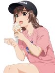  1girl animal_print artist_name baseball_cap bird_print brown_eyes brown_hair eating face food hands hat ice_cream ice_cream_cone licking long_hair mattaku_mousuke open_mouth original pink_shirt shirt sitting solo sweatdrop t-shirt watermark white_background 