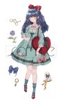  1girl bag black_bow black_hair blue_dress blue_flower blue_hairband blue_sleeves bow bug butterfly buttons center_frills chain chinese_commentary closed_mouth collar collared_dress commentary_request dress dress_bow dress_flower english_commentary flower frilled_collar frilled_dress frilled_sleeves frills frown full_body glasses gold_chain green_bow hair_bow hairband heart-shaped_bag highres key light_blush lolita_fashion long_hair long_sleeves mixed-language_commentary neck_ribbon original pansy pink_bow polka_dot polka_dot_bow puffy_long_sleeves puffy_sleeves purple_flower purple_rose red_bag red_bow red_ribbon ribbon rose round_eyewear sample_watermark short_dress simple_background solo tote_bag unworn_eyewear unworn_hairband waist_bow watermark wavy_hair white_background white_collar yellow-framed_eyewear yellow_bow yellow_eyes yellow_flower yuzhi 