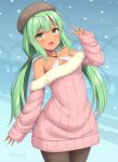  1girl :d bare_shoulders beret blush breasts cowboy_shot dark-skinned_female dark_skin diadem green_eyes green_hair hat haura_(sasaame) highres long_hair looking_at_viewer low_twintails medium_breasts off-shoulder_sweater off_shoulder original outdoors pantyhose sasaame sleeves_past_wrists smile snow snowing solo sweater twintails v 