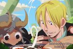  2boys black_hair blonde_hair cooking crossover dungeon_meshi dwarf fake_horns helmet horned_helmet horns male_focus mto multiple_boys one_piece sanji_(one_piece) sanpaku senshi_(dungeon_meshi) short_hair smile thick_mustache trait_connection wide-eyed 