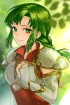  1girl armor breastplate closed_mouth dress elbow_gloves fingerless_gloves fire_emblem fire_emblem:_the_sacred_stones gloves green_eyes green_hair kiyuu long_hair looking_at_viewer shoulder_armor smile solo upper_body vanessa_(fire_emblem) white_gloves 