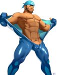  1boy abs absurdres archie_(pokemon) bandana bara bare_pectorals bare_shoulders beard biceps blue_bandana blue_bodysuit bodysuit brown_hair closed_mouth commentary_request dark-skinned_male dark_skin facial_hair feet_out_of_frame from_below hands_up highres holding legs_apart logo male_focus male_pubic_hair multicolored multicolored_bodysuit multicolored_clothes muscular muscular_male nipples pectorals penis_peek pokemon pokemon_(game) pokemon_oras pubic_hair sekiko_(akatora3373a) shiny shiny_skin short_hair simple_background smile solo team_aqua thick_thighs thighs undressing wetsuit white_background white_bodysuit 
