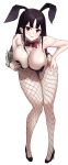  1girl absurdres adjusting_clothes bent_over breasts cleavage dinsoreprong64 fishnet_pantyhose fishnets full_body hanging_breasts high_heels highres large_breasts looking_back original pantyhose playboy_bunny pointy_ears solo thighs white_background 