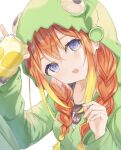  1girl alien_costume black_shirt blonde_hair blue_eyes braid crossed_bangs drink fang gradient_hair green_jacket holding holding_drink hood hood_up indie_virtual_youtuber jacket multicolored_hair neki_(vtuber) okomeillust orange_hair shirt solo twin_braids virtual_youtuber 