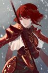  1girl armor breastplate closed_mouth fire_emblem fire_emblem:_mystery_of_the_emblem gloves green_headband headband highres hip_armor holding holding_polearm holding_weapon kiyuu looking_to_the_side minerva_(fire_emblem) polearm red_eyes red_gloves red_hair short_hair shoulder_armor solo weapon 