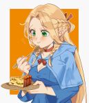  1girl blonde_hair blue_capelet blue_dress braid breasts capelet chewing choker cleavage closed_mouth dress dungeon_meshi eating elf food french_braid green_eyes hair_around_ear half_updo hand_up happy heart holding holding_plate holding_spoon hood hood_down hooded_capelet long_hair long_sleeves looking_down m7lka marcille_donato multiple_braids orange_background outside_border parted_bangs pie pie_slice plate pointy_ears side_braid smile solo spoon upper_body 