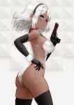  1girl absurdres ass bare_shoulders black_gloves black_hairband black_legwear blue_eyes breasts commentary commission dark-skinned_female dark_skin egawo elbow_gloves english_commentary from_side gloves gun hairband hand_on_hip handgun highres holding holding_gun holding_weapon large_breasts leotard looking_at_viewer looking_to_the_side original parted_lips patterned_background pistol short_hair silver_hair skindentation smile solo thighhighs trigger_discipline weapon white_leotard wrist_cuffs 