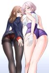  2girls absurdres ass bangs bare_shoulders black_legwear blazer blue_eyes blush breasts cameltoe closed_mouth eyebrows_visible_through_hair from_behind gloves gradient gradient_background gridman_universe hand_on_own_thigh hear_(kpmf4732) highres jacket large_breasts long_hair long_sleeves looking_back minami_yume mujina multiple_girls panties panties_under_pantyhose pantyhose parted_lips purple_shorts red_panties school_uniform short_hair shorts silver_hair sleeveless ssss.dynazenon underwear white_background white_gloves 