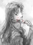  1girl blood blood_on_face blood_on_hands cross cross_necklace earrings from_side greek_cross hand_up highres holding jacket jewelry katsuragi_misato long_hair long_sleeves looking_at_viewer looking_to_the_side matsuko_(mrimri3) monochrome necklace neon_genesis_evangelion sad sketch solo spot_color stud_earrings upper_body 
