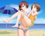  2girls :o absurdres acrux animal_print artist_logo barefoot beach beach_towel beach_umbrella bikini black_bikini blue_sky breasts brown_eyes brown_hair carrying closed_mouth cloud cloudy_sky commentary crab dated english_commentary feet frilled_one-piece_swimsuit frills girls_und_panzer groin highres horizon kawanishi_shinobu maruyama_saki multiple_girls ocean one-piece_swimsuit outdoors parted_lips princess_carry print_bikini short_hair short_ponytail sky small_breasts smile soles standing swept_bangs swimsuit tiger_print toes towel umbrella yellow_one-piece_swimsuit 