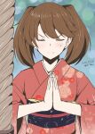  1girl alternate_costume artist_name brown_hair closed_eyes commentary_request dated facing_viewer floral_print hatsumoude highres japanese_clothes kantai_collection kimono long_hair own_hands_together praying red_kimono rope ryuujou_(kancolle) solo taira_yuuki upper_body 