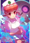  1girl apron bangs breasts collared_dress commentary_request dated dress energy eyebrows_visible_through_hair eyelashes gen_3_pokemon glowing glowing_eyes hair_rings hands_together hat highres joy_(pokemon) long_hair lunatone nurse nurse_cap pink_dress pokemon pokemon_(anime) pokemon_(creature) pokemon_rse_(anime) purple_eyes short_sleeves tom_(pixiv10026189) translation_request white_apron white_headwear 