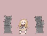  1girl blonde_hair blue_eyes brown_dress chibi commentary_request dancing dress forehead full_body long_hair long_sleeves looking_at_viewer m3gan m3gan_(character) negative_space pantyhose pink_background saiguchi_otoufu solo statue white_pantyhose 