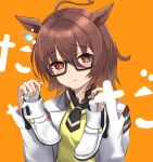  1girl agnes_tachyon_(umamusume) ahoge animal_ears bespectacled black-framed_eyewear black_necktie blush brown_hair closed_mouth coat collared_shirt commentary_request earrings glasses hair_between_eyes highres holding holding_shoes horse_ears horse_girl jewelry kudo_(user_dzch8572) lab_coat looking_at_viewer necktie open_clothes open_coat orange_background red_eyes semi-rimless_eyewear shirt shoes short_hair simple_background single_earring smile solo sweater_vest umamusume upper_body white_coat yellow_sweater_vest 