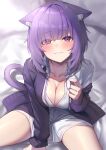  1girl animal_ear_fluff animal_ears arm_between_legs bed_sheet black_jacket breasts cat_ears cleavage collarbone commentary_request ears_down highres hololive jacket large_breasts looking_at_viewer menmen_(menmen13s) nekomata_okayu nekomata_okayu_(4th_costume) official_alternate_costume on_bed partially_unbuttoned purple_eyes purple_hair short_hair sitting solo virtual_youtuber whis 