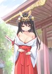  1girl absurdres arrow_(projectile) bare_shoulders black_hair blush breasts closed_eyes closed_mouth collarbone commentary_request hair_ornament highres huge_breasts japanese_clothes jewelry long_hair miko original outdoors smile solo tenjou_ryuka translation_request variant_set 
