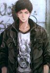 1boy against_wall alternate_costume aomine_daiki black_jacket blue_eyes blue_hair closed_mouth dark-skinned_male dark_skin expressionless graffiti highres jacket kuroko_no_basuke leather leather_jacket looking_to_the_side male_focus open_clothes open_jacket pocket print_shirt shadow shirt short_hair sleeves_rolled_up solo standing wall white_shirt xuan_zhi_yue_ying zipper 