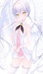  1girl absurdres blush commission copyright_request feathered_wings grey_hair highres long_hair okomeillust skeb_commission sleeveless smile solo thighhighs twintails very_long_hair white_thighhighs white_wings white_wrist_cuffs wings yellow_eyes 