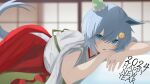  2024 absurdres animal_ears blue_eyes blurry blurry_background blush commentary_request crossed_arms ear_covers grey_hair hair_ornament hairclip hakama happy_new_year highres horse_ears horse_girl horse_tail indoors japanese_clothes kirameki_(rikukaikuu) looking_at_viewer lying miko on_stomach pillow seiun_sky_(umamusume) short_hair single_ear_cover tail tatami umamusume 