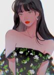  1girl black_hair blackpink blunt_bangs blurry_border close-up commentary earrings english_commentary grey_eyes jewelry lisa_(blackpink) long_hair looking_to_the_side oxi206 red_lips shirt sidelocks simple_background solo strapless strapless_shirt upper_body white_background 