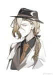  1boy asymmetrical_bangs black_bow black_headwear black_shirt blonde_hair bow braid brown_necktie bungou_stray_dogs chinese_commentary closed_mouth coattails collared_jacket collared_shirt commentary_request cui_(jidanhaidaitang) grey_eyes grey_vest hair_bow hair_over_one_eye hair_over_shoulder hat highres jacket long_bangs long_hair looking_at_viewer loose_hair_strand low_ponytail male_focus necktie open_clothes open_jacket paul_verlaine_(bungou_stray_dogs) shirt simple_background single_braid smile solo upper_body v-neck vest watermark weibo_logo weibo_username white_background white_jacket 