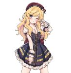  1girl :o aa211108 blonde_hair blue_eyes breasts checkered_clothes checkered_dress cleavage collarbone dress frilled_dress frills idolmaster idolmaster_cinderella_girls idolmaster_cinderella_girls_starlight_stage long_hair medium_breasts ohtsuki_yui one_eye_closed red_headwear solo v wavy_hair wrist_cuffs 