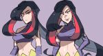  1girl bare_shoulders black_hair breasts collarbone crop_top fangs frown gloves head_tilt highres long_hair looking_at_viewer loveycloud lucy_(pokemon) midriff multicolored_hair multiple_views navel open_mouth pokemon pokemon_rse purple_background purple_gloves purple_shirt red_eyes red_hair shaded_face shirt sidelocks simple_background sleeveless streaked_hair tsurime two-tone_hair upper_body very_long_hair 