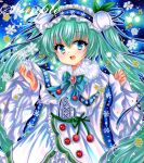  1girl blue_background blue_eyes blue_hairband blue_ribbon blue_trim brooch cape cowboy_shot dress embellished_costume flower frilled_dress frilled_hairband frills fur_collar green_hair green_trim hair_flower hair_ornament hair_ribbon hairband hands_up hatsune_miku jewelry lily_of_the_valley long_hair long_sleeves looking_at_viewer marker_(medium) musical_note neck_ribbon open_mouth ribbon rowan rui_(sugar3) sample_watermark smile snowflake_print snowflakes solo standing traditional_media twintails very_long_hair vocaloid watermark white_cape white_dress white_flower wide_sleeves yuki_miku yuki_miku_(2015) 