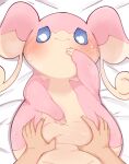 ambiguous_gender anthro audino bed belly_grab biped blue_sclera blush duo fur furniture generation_5_pokemon hi_res himimi human lying mammal nintendo on_back on_bed pink_body pink_fur pokemon pokemon_(species) slightly_chubby tan_body tan_fur white_eyes