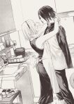  1boy 1girl absurdres amputee apron arms_around_neck bowl chinese_commentary commentary cup cupboard dishes dress electrical_outlet face-to-face faucet feet_out_of_frame greyscale hairband haruno_sakura heart highres hug kitchen long_dress long_sleeves monochrome motion_lines mutual_hug naruto_(series) niku_(ni23ku) rice_cooker saucepan shirt shoes short_hair sink sleeveless sleeveless_dress smile towel uchiha_sasuke unworn_shoes vest washing_machine 