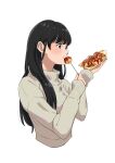  1girl biting black_hair blush cropped_torso eating edomon-do food grey_sweater hands_up highres holding holding_food long_hair long_sleeves looking_ahead original profile simple_background sleeves_past_wrists solo sweater takoyaki turtleneck turtleneck_sweater upper_body white_background 