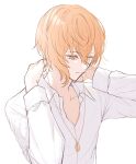  1boy absurdres chain_necklace closed_mouth collared_shirt expressionless gold_necklace grey_background highres jewelry long_sleeves looking_down male_focus miyama_kei necklace orange_eyes orange_hair paradox_live shirt short_hair simple_background sis_0001 solo time_paradox white_shirt 