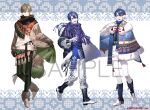  3boys black_gloves black_scarf blue_eyes blue_hair blue_scarf boots brown_coat brown_footwear brown_hair coat ear_mittens full_body fur-trimmed_footwear fur_trim gloves green_eyes green_pants grey_hair harusaki_air male_focus multiple_boys nagao_kei nijisanji official_art oliver_evans pants ponytail purple_hair purple_scarf sample_watermark scarf serita_jon shirt sidelocks smile watermark white_gloves white_pants white_shirt 