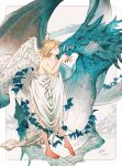  1girl affectionate ancient_greek_clothes bare_shoulders barefoot blonde_hair blue_theme breasts chinese_zodiac cleavage closed_eyes collarbone dated dragon dragon_wings feathered_wings greco-roman_clothes hand_up highres kiss kissing_cheek kuroimori orange_eyes original outside_border outstretched_arm plant plantar_flexion robe short_hair signature skirt_hold sleeveless standing standing_on_one_leg vines western_dragon white_robe white_wings wings year_of_the_dragon 