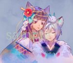  2girls animal_ear_fluff animal_ears aqua_bow aqua_choker aqua_sleeves black_kimono blue_background blunt_bangs bow brown_eyes brown_hair cat_ears character_request check_copyright chinese_commentary closed_eyes commentary_request copyright_request creature_on_head eyelashes flower fox_ears fur_scarf grey_hair hair_bow hair_flower hair_ornament hair_over_shoulder hair_ribbon haori heads_together japanese_clothes kimono long_hair long_sleeves looking_at_another multiple_girls onmyoji parted_lips red_flower red_kimono ribbon sample_watermark scarf shide simple_background smile straight_hair two-tone_sleeves upper_body watermark white_scarf white_sleeves yanmian_(printemps-noir) yellow_ribbon 